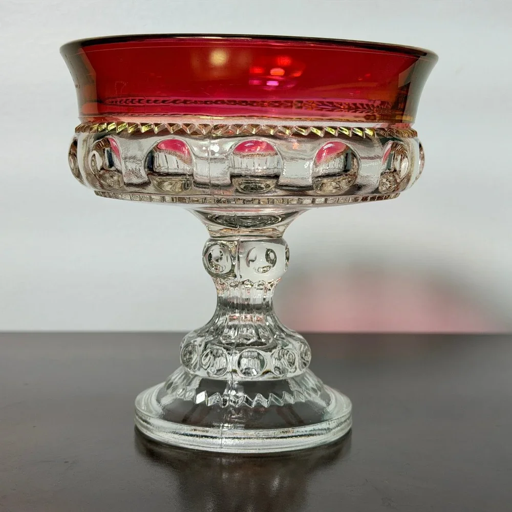 Vintage Indiana Glass Kings Crown Thumbprint Ruby Flash Compote Pedestal Bowl